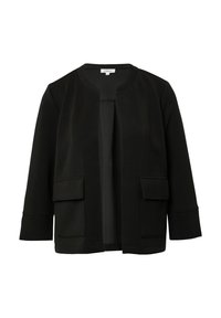 Zwarte cardigan met een ronde halslijn, open voorkant en twee grote zakken. Gemaakt van een gladde stof met fijne stikseldetails.