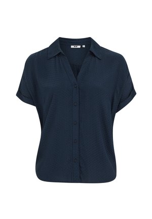 Tengerészkék rövid ujjú, gombos blúz texturált anyagból, gallérral és felhajtható mandzsettákkal.