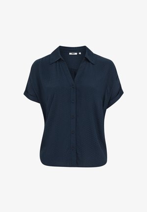 Tengerészkék rövid ujjú, gombos blúz texturált anyagból, gallérral és felhajtható mandzsettákkal.