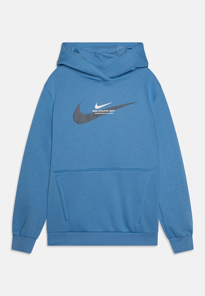 Blå hettegenser laget av mykt materiale, med en frontlomme, ribbestrikkede mansjetter og en fremtredende Nike-logo i svart på brystet.