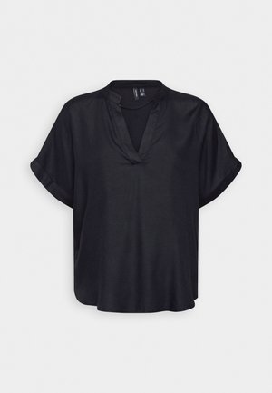 Black, short-sleeve blouse with a v-neck design. Made from smooth fabric, featuring a relaxed fit and cuffed sleeve edges.