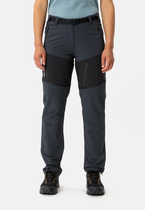 Dunkelgraue Outdoor-Hosen mit schwarzen, verstärkten Kniepaneelen, Reißverschlüssen an den Seiten, elastischem Bund und einer leicht schimmernden Textur. Strapazierfähiges Material.