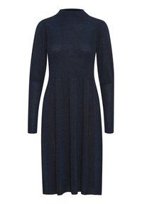 Pletené šaty s dlouhými rukávy a vysokým límcem, v tmavě námořnické barvě s jemným leskem. Rozšířená sukně, hladká textura.