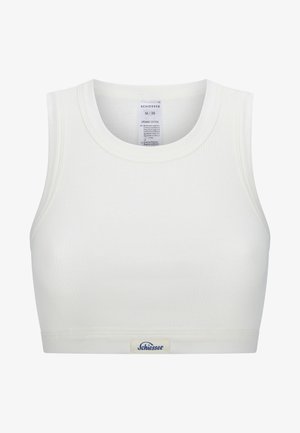 Top corto a coste bianco realizzato in cotone biologico. Presenta un collo rotondo ed è privo di etichetta, con una piccola etichetta blu "Schiesser" sul fondo.