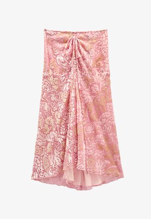 Różowa spódnica w kwiatowy wzór z złotymi akcentami, z marszczonym wiązaniem w talii i swobodną sylwetką.
