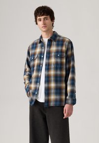 Camisa de franela a cuadros en azul, marrón y blanco. Presenta dos bolsillos en el pecho y puños abotonados. Lleva puesta una camiseta blanca y pantalones oscuros.