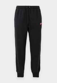 Sorte svedbukser lavet af blødt stof med elastisk talje, justerbar snøre og et lille pink Nike-logo på venstre side.
