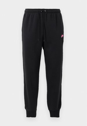 Sorte svedbukser lavet af blødt stof med elastisk talje, justerbar snøre og et lille pink Nike-logo på venstre side.