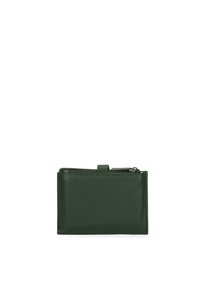 Green leather wallet with a zippered compartment, rectangular shape, smooth texture, and stitching details along the edges.