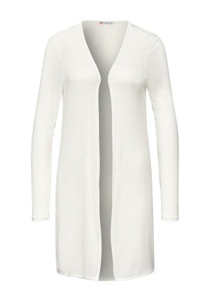 Cardigan largo blanco ligero con apertura frontal, mangas largas y cuello en V.