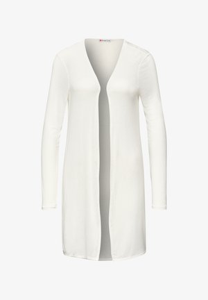 Lange witte open voorkant lichte cardigan met lange mouwen en V-hals.