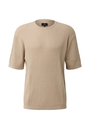 Beżowy prążkowany sweter dzianinowy z krótkim rękawem, okrągłym dekoltem i luźnym krojem, z subtelnym teksturowanym wzorem na całej powierzchni.