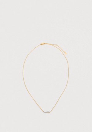 Colier din lanț auriu, cu un accent subțire, orizontal, și detalii argintii. Lanțul este format din zale fine și închizătoare tip carabină.