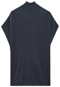 Dunkelgraues kurzärmliges Strickoberteil mit hohem Rundhalsausschnitt und lockerer Passform, flach auf einem weißen Hintergrund präsentiert.