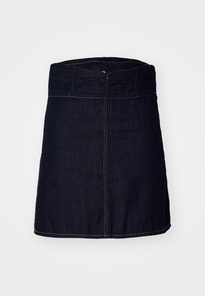 Denim krilo v temno indigo barvi z nabranim elastičnim pasom, ravnega kroja in kontrastnim šivanjem ob robu in šivih.