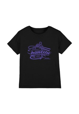 Black cotton t-shirt with short sleeves featuring a purple graphic design that includes the text "Huntrix" and decorative elements like chopsticks and hearts.
