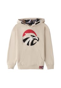 Felpa con cappuccio beige, dotata di tasca a marsupio frontale. Presenta una grafica di un uccello rosso e nero sul petto. Polsini e orlo a costine.