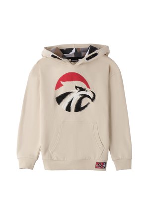 Beige Kapuzensweatshirt mit einer vorderen Kängurutasche. Mit einem roten und schwarzen Vogel-Graphic auf der Brust. Gerippte Bündchen und Saum.