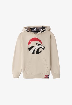 Felpa con cappuccio beige, dotata di tasca a marsupio frontale. Presenta una grafica di un uccello rosso e nero sul petto. Polsini e orlo a costine.