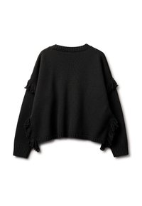 Černý pletený svetr s cropped designem, se třásněmi na rukávech a žebrovaným výstřihem a lemem.