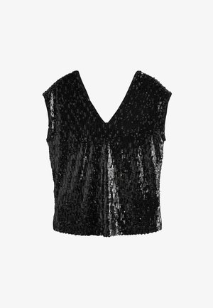 Zwarte pailletten top met een V-halsontwerp en cap sleeves. Heeft een glanzende textuur en dicht op elkaar gepakte pailletten die een schitterend effect geven.