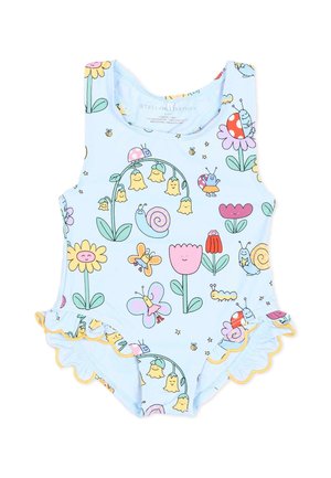 Costume da bagno azzurro chiaro per bambino con fiori colorati in stile cartone animato, lumache, farfalle, api, bruchi e orli arricciati sulle aperture delle gambe con bordino giallo.