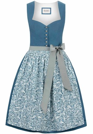 Blue dress with white polka dots and floral patterned skirt. Features a fitted bodice, silver buttons, and a gray satin bow at the waist.