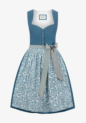 Blaues Kleid mit weißen Punkten und einem Rock mit floralem Muster. Verfügt über ein tailliertes Oberteil, silberne Knöpfe und eine graue Satinschleife in der Taille.