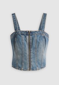 Jeanscropp top med breda axelband och framdragkedja, med vertikala söms detaljer och blekt blå tvätt.