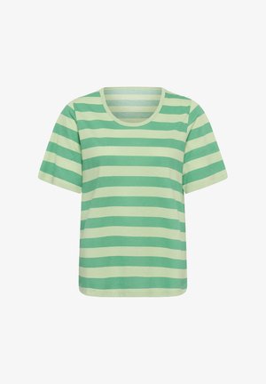 T-shirt à manches courtes avec larges rayures horizontales vert menthe et beige clair, col rond.