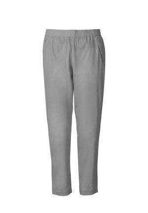 Gray athletic pants with an elastic waistband, tapered legs, and "Lunar Sports" logo printed along the side. Lightweight, smooth texture.