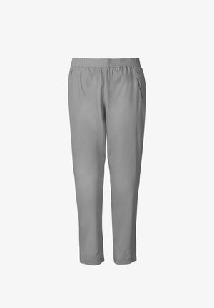Gray athletic pants with an elastic waistband, tapered legs, and "Lunar Sports" logo printed along the side. Lightweight, smooth texture.