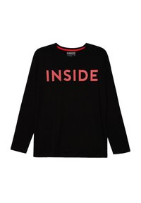 Camiseta negra de manga larga con la palabra "INSIDE" en letras rosas negritas. Material de algodón con un escote redondo y un corte sencillo.