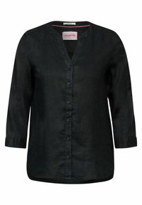 Camicia nera con colletto a V, maniche a tre quarti e taglio dritto. Realizzata in un tessuto leggero e testurizzato.
