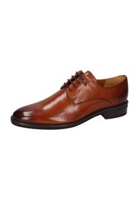 Scarpa da uomo in pelle marrone con finitura liscia, design con lacci, punta arrotondata e tacco nero basso. Presenta dettagli di cucitura sottili.
