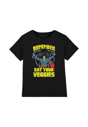 Black t-shirt with superhero breaking chains and yellow text saying "Remember Eat Your Veggies" in bold letters.