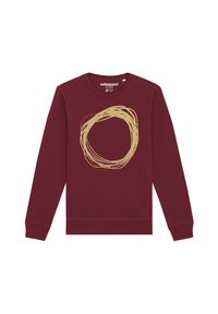 Sweat-shirt bordeaux en mélange de coton, présente un grand motif circulaire crème sur le devant, avec des poignets et un col côtelés, coupe classique.
