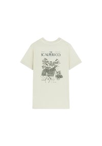 T-shirt en coton crème à manches courtes et col rond. Présente une illustration de bâtiments dessinée à la ligne noire et le texte "THE SCALPERS CO." au dos.