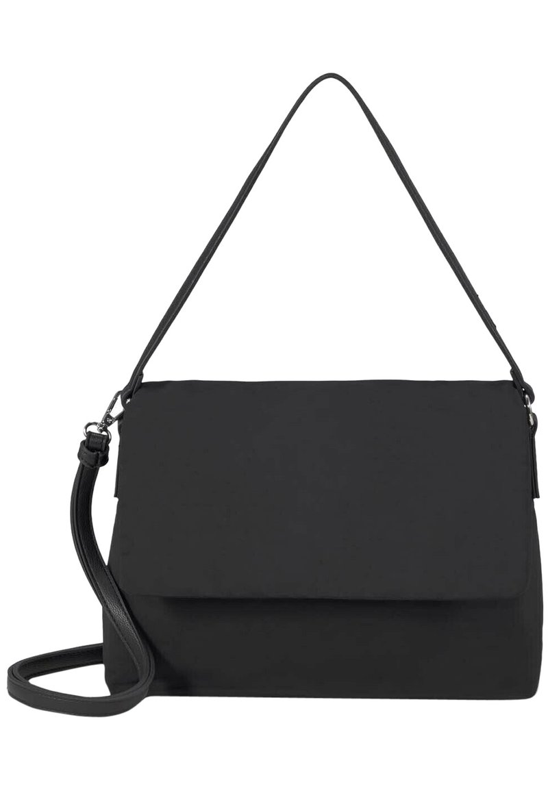 Bolso de mano rectangular negro con cierre de solapa, asa corta para el hombro y correa larga para hombro desmontable.
