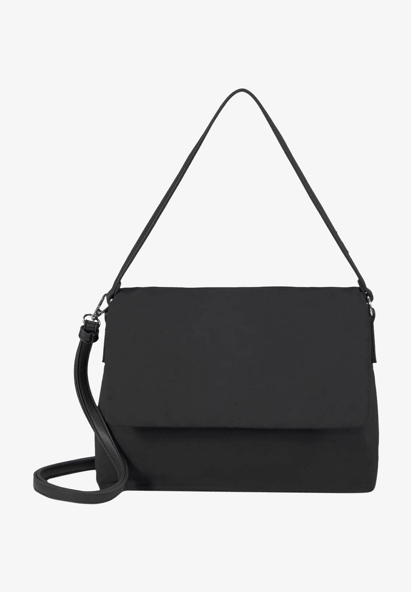Bolso de mano rectangular negro con cierre de solapa, asa corta para el hombro y correa larga para hombro desmontable.