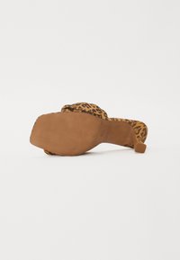 Mules à imprimé léopard avec une tige en tissu texturé, un bout carré et un talon bloc. La semelle est lisse, conçue pour la durabilité.