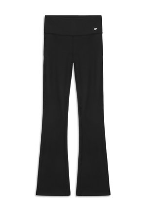 Pantaloni yoga neri svasati con una larga fascia elastica in vita, realizzati in tessuto elasticizzato. Presentano un logo discreto sulla fascia e cuciture piatte.