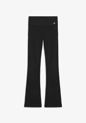 Pantalons de yoga noirs évasés avec une large taille élastique, fabriqués en tissu extensible. Présente un logo discret sur la ceinture et des coutures plates.