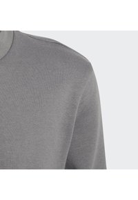Grå strikkegenser med rund hals, glatt tekstur og innfelt ermer. Stoffet virker mykt og lett med en subtil glans.