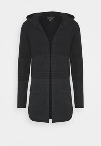 Cardigan lungo nero con cappuccio, motivo a maglia testurizzata, tasche frontali, design aperto sul davanti e variazione di colore sottile dal nero scuro a tonalità più chiare.