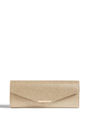 Gold-textured, rectangular clutch with an envelope flap design. Features a metallic accent strip on the front. Smooth, shiny surface.