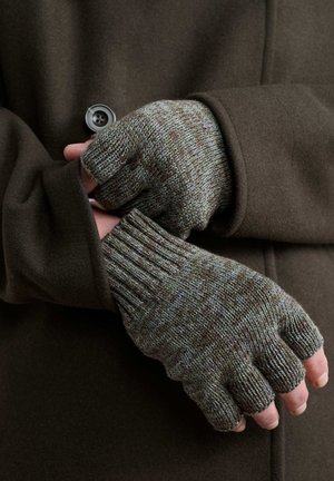 Fingerless gloves in a textured knit, featuring a blend of brown and green tones, with ribbed cuffs; worn under a dark coat.