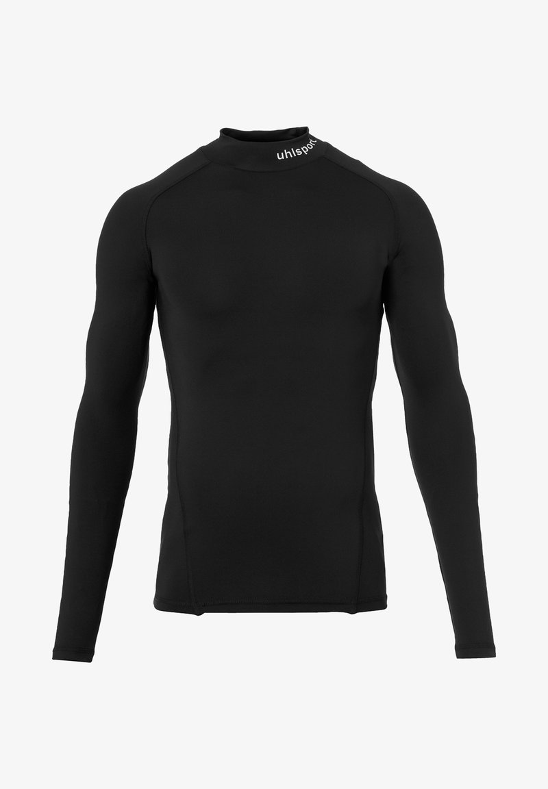 Maglietta atletica nera a maniche lunghe con collo alto, realizzata in tessuto liscio e elasticizzato. Presenta un logo sul colletto e cuciture piatte.