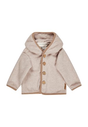 Beige Wolldecke für Kleinkinder mit Kapuze, vier Holzknöpfen vorne und braunen Akzenten an den Manschetten, dem Saum und dem Kapuzenrand.