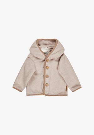 Beige toddler wool jacket with hood, four wooden buttons down front, and brown trim on cuffs, hem, and hood edge.